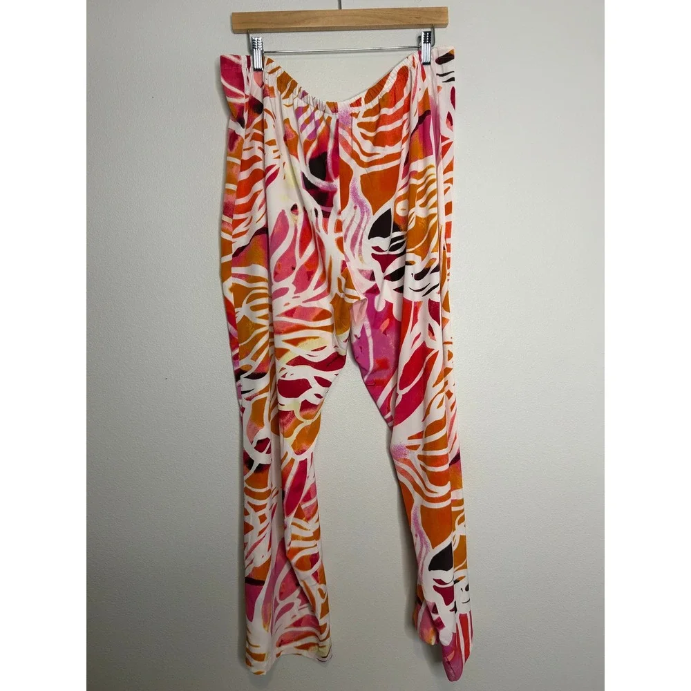 Natori Pajama Set Women's XL Pink Orange Abstract Floral Button Top Pants Lounge